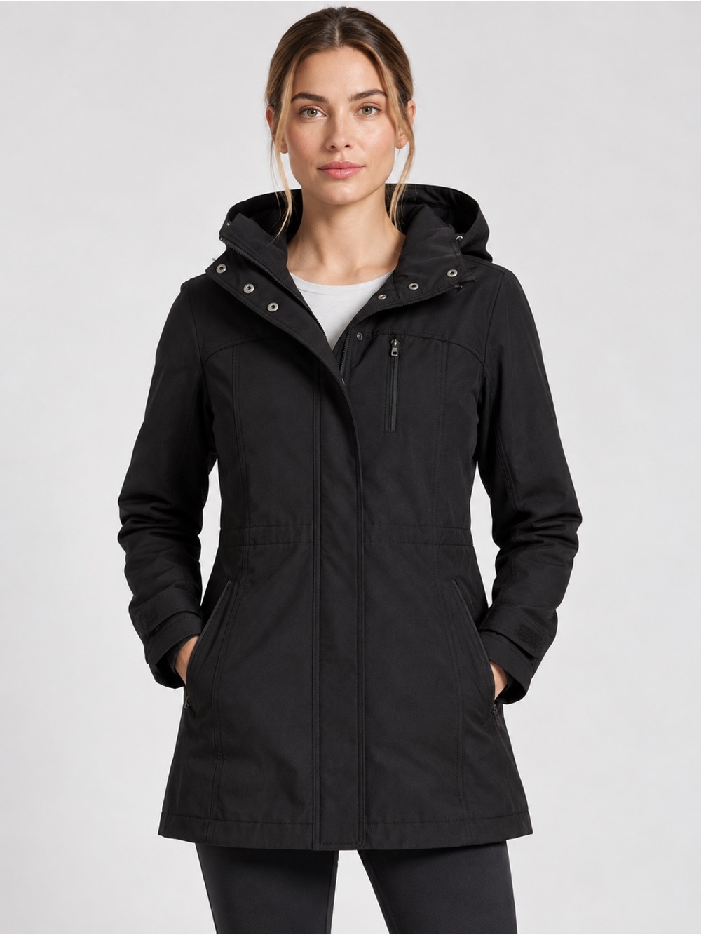 Athleta XS Shelter Cove Softshell‎ Hooded Parka Jacket Black Snap Storm Flap